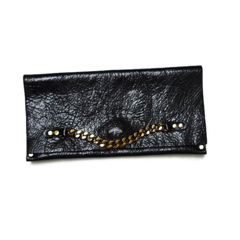 Moss Mills studded and chained leather clutch